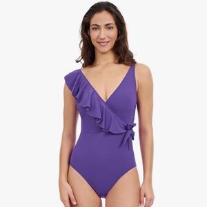 Gottex Purple One-Shoulder Ruffle Swimsuit size 12